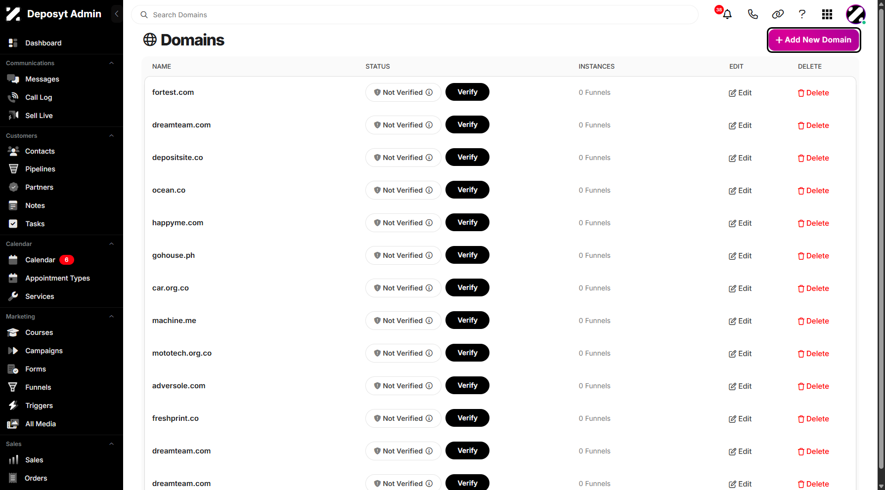 Step 5: You can create a new domain by clicking the Add New Domain button above.