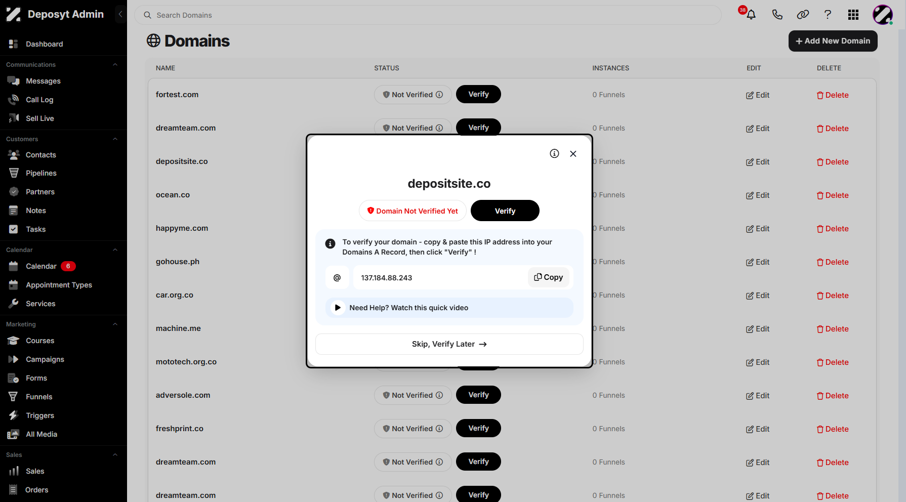 Step 9: A pop-up window will appear. Click Verify, and your domain will be automatically verified.