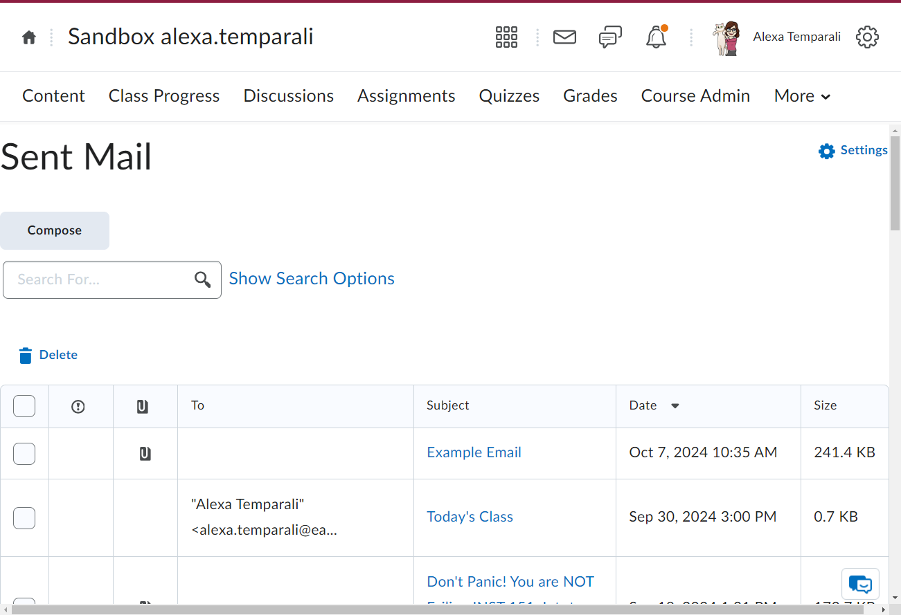 Note that this will show all emails sent from your account, not just a specific class. You can use the search bar to find specific emails.