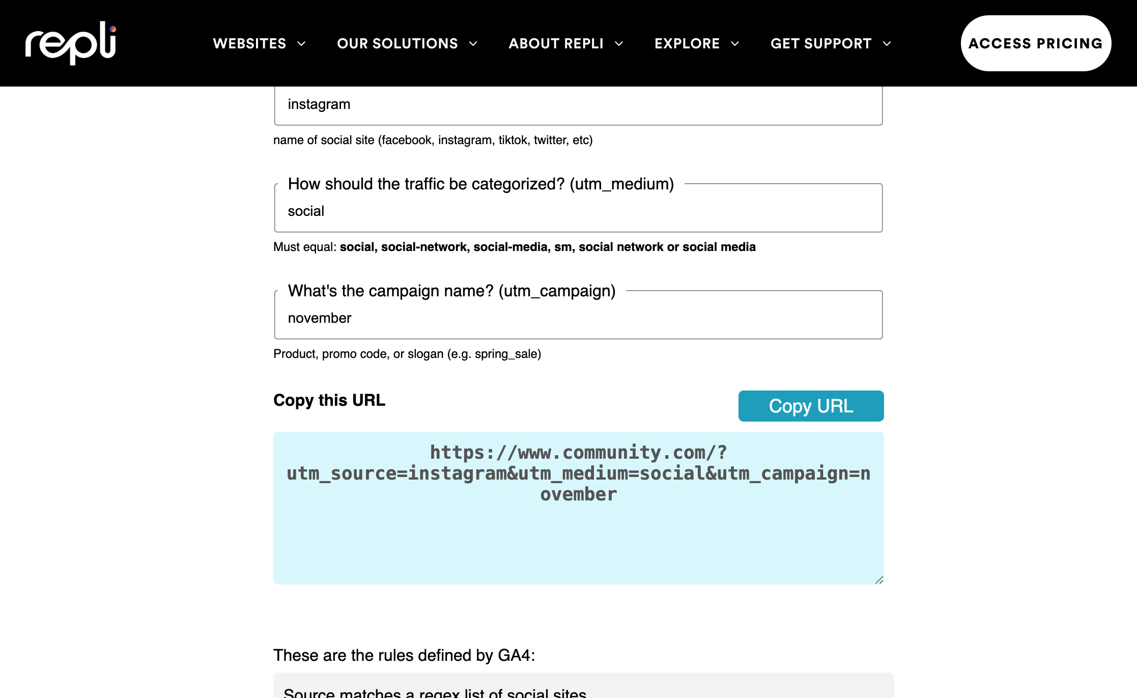Under utm_campaign, type in what you would like to name your campaign in order to specify what link you are tracking. For example, you can track all social posts for the month, or a specific post (e.g. "november-boosted-post"). We've typed in "novemb