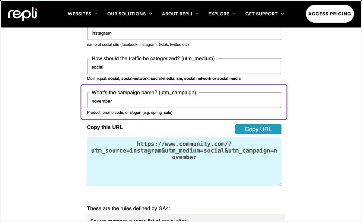 Under utm_campaign, type in what you would like to name your campaign in order to specify what link you are tracking. For example, you can track all social posts for the month, or a specific post (e.g. "november-boosted-post"). We've typed in "novemb