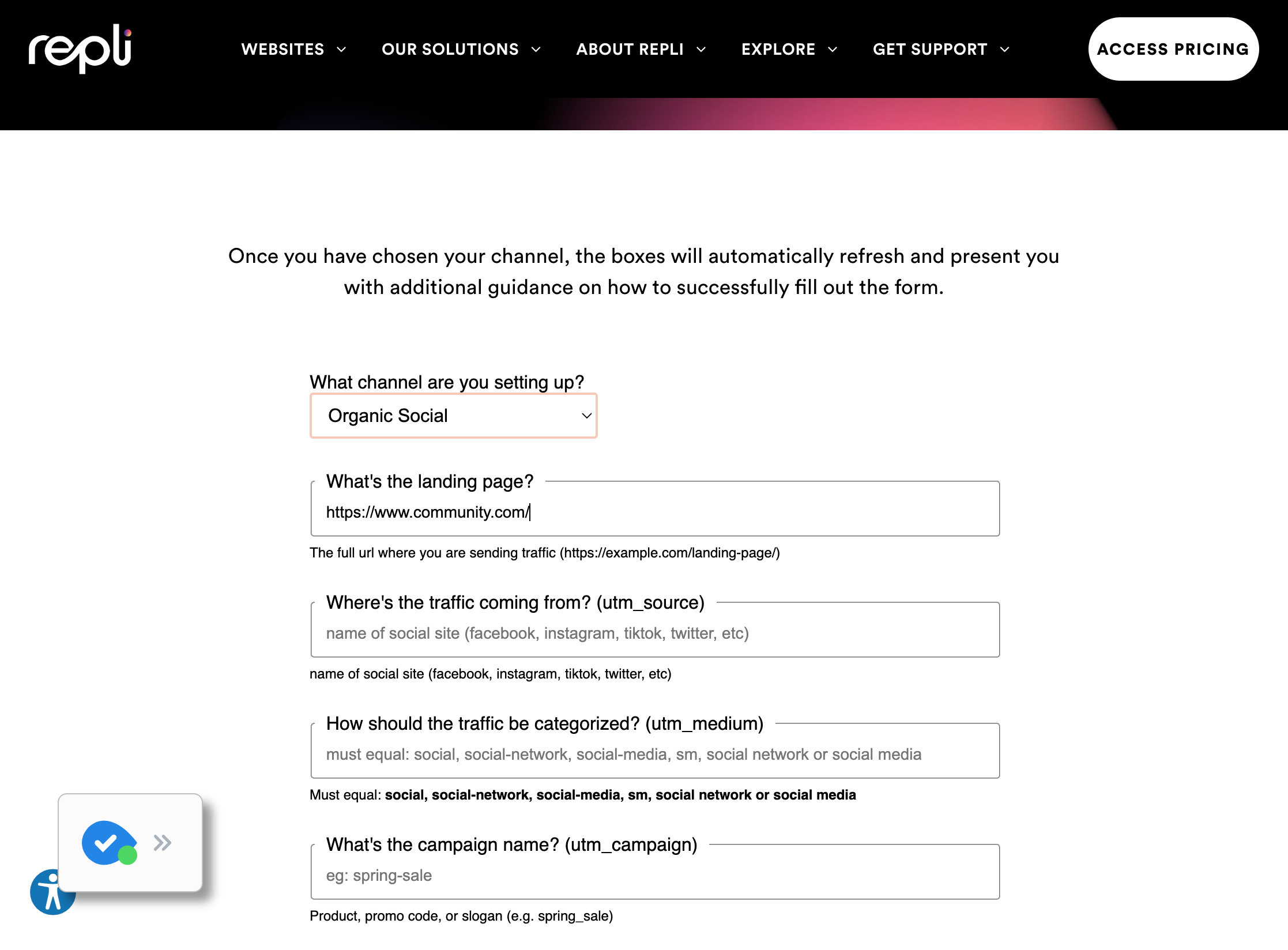 Type in the community's URL or another URL that you would like the Instagram post to lead to.