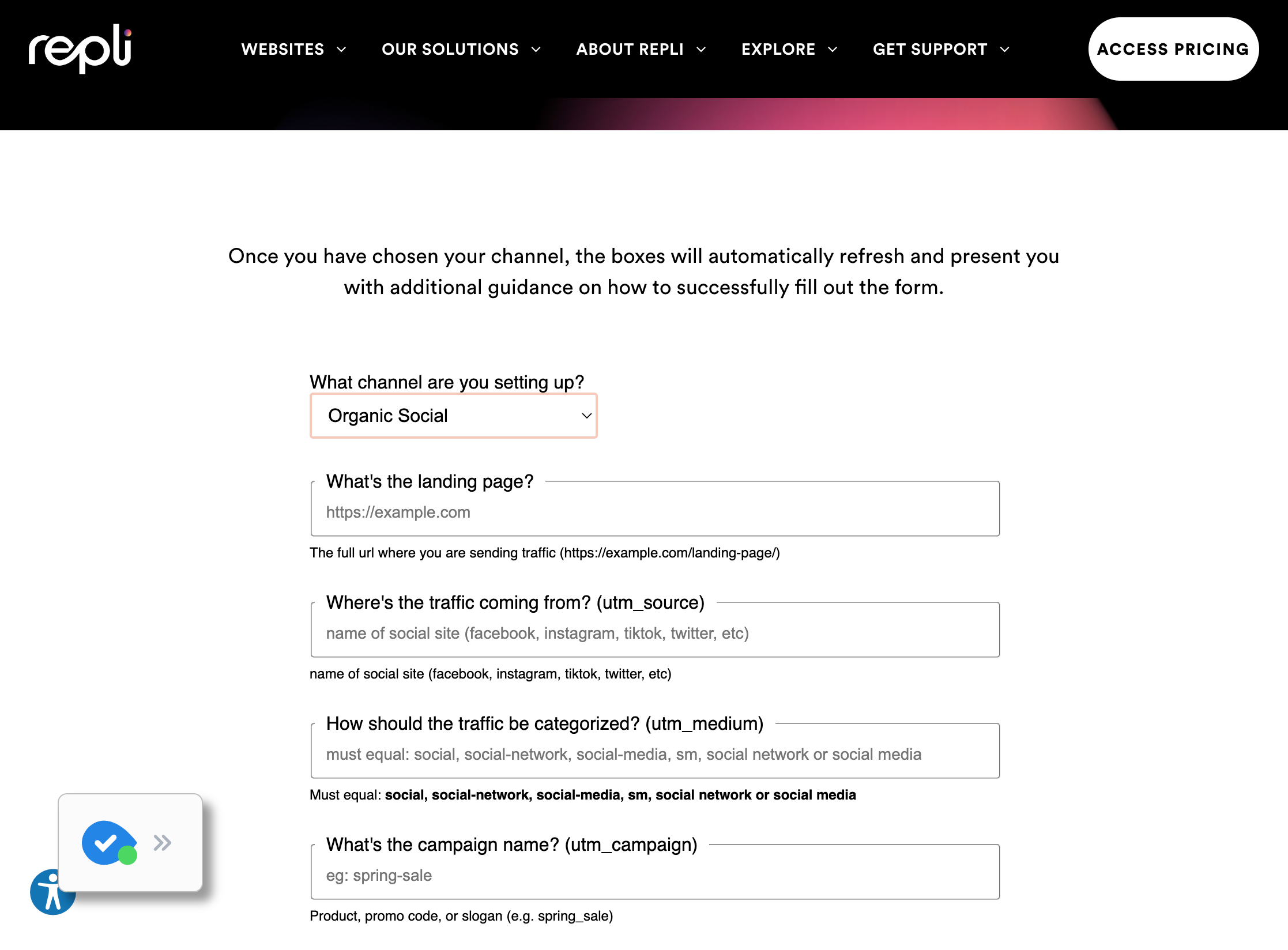 Utilize Repli's UTM Builder to build your UTM link. Since this link is for an organic Instagram post, select "Organic Social" as the channel to be set up.
