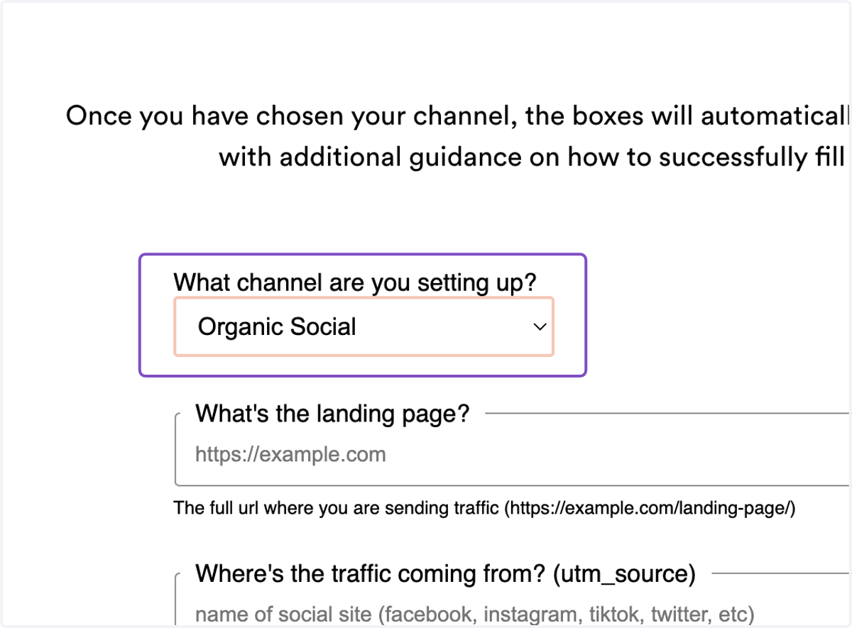 Utilize Repli's UTM Builder to build your UTM link. Since this link is for an organic Instagram post, select "Organic Social" as the channel to be set up.