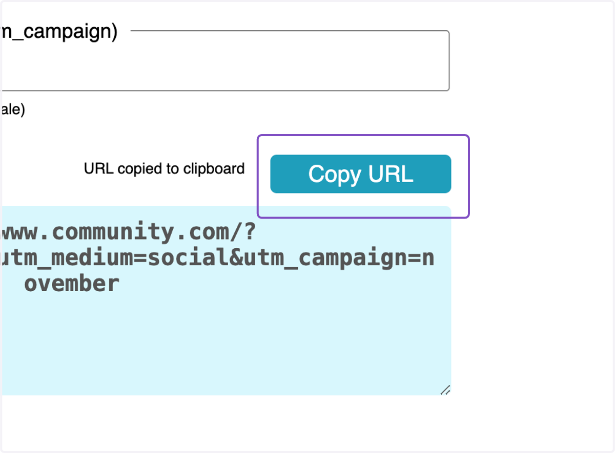Once all the fields are filled out, your UTM link is ready. Click the blue “Copy URL” button to start using your link on Instagram!