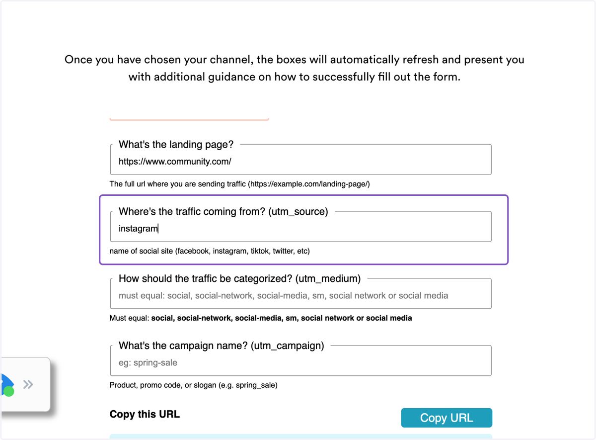 Under utm_source, type in "instagram" as the traffic source.