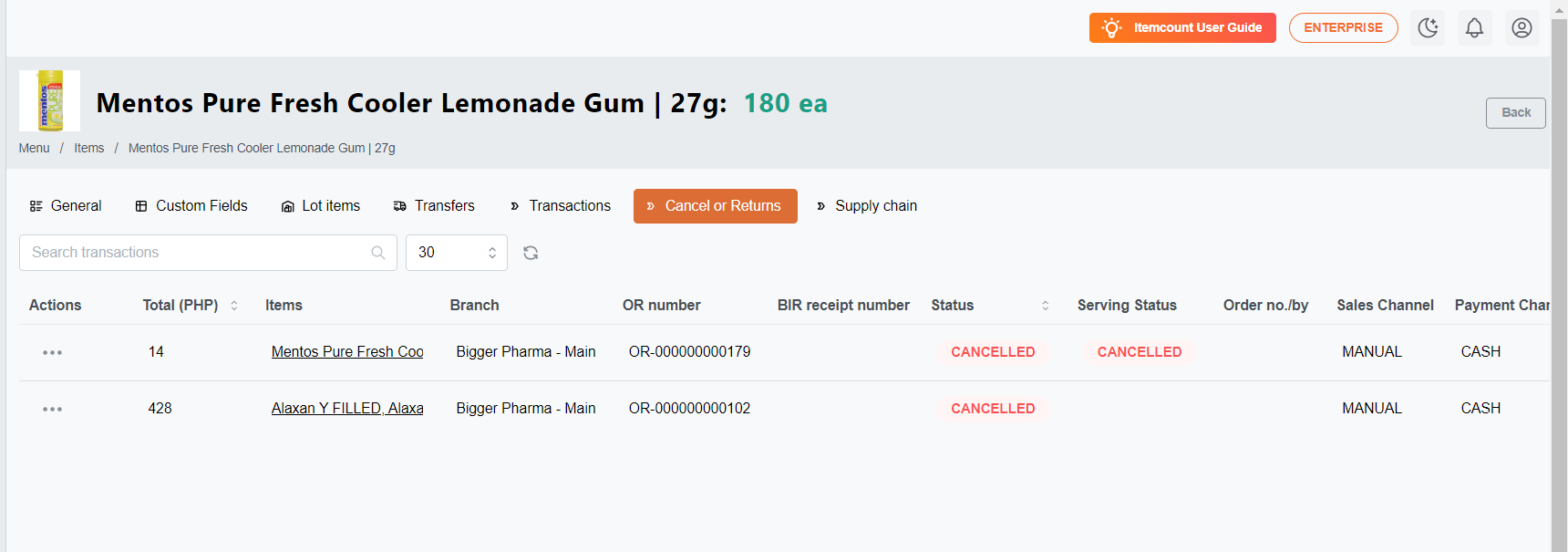 This is a record of specific cancel transactions or returns.