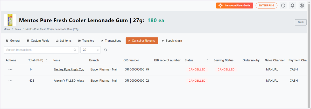 This is a record of specific cancel transactions or returns.