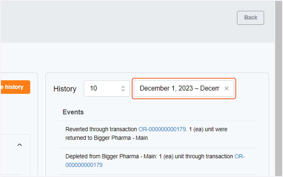 Click this to set a date filter to display history for this specific item.