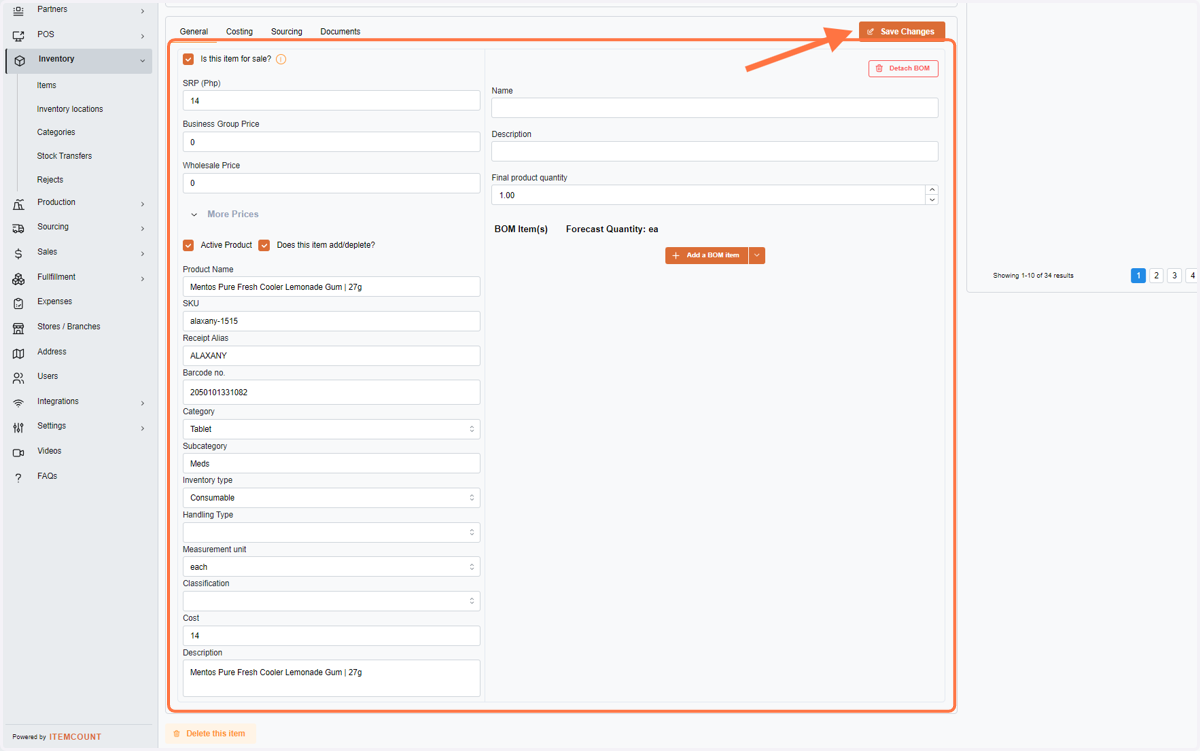 This is the General page of item details, where you may change the item's name, price, and so on. After making adjustments, remember to click on Save changes to save the updated changes.