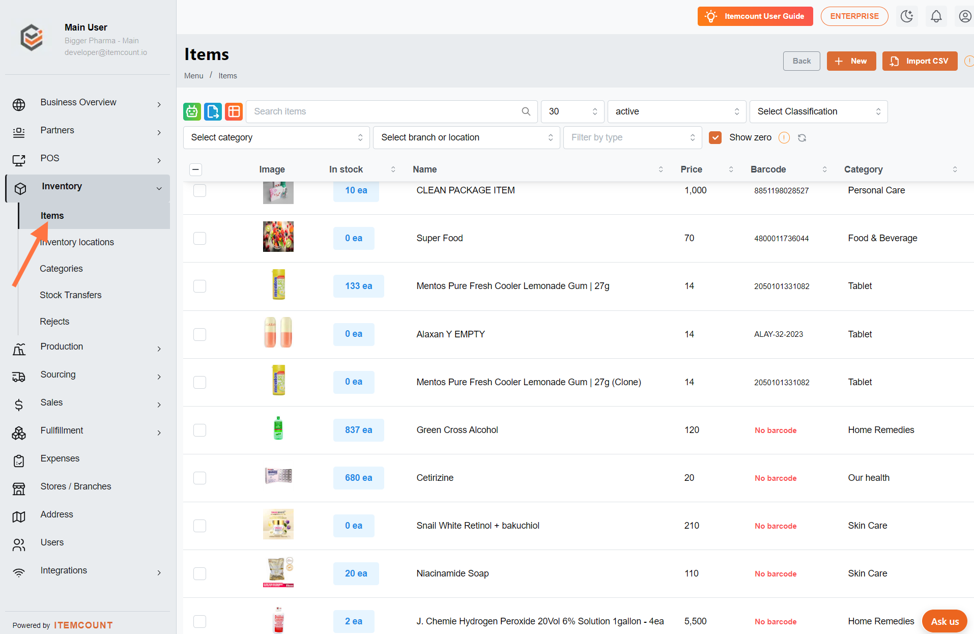 Click on Inventory items.