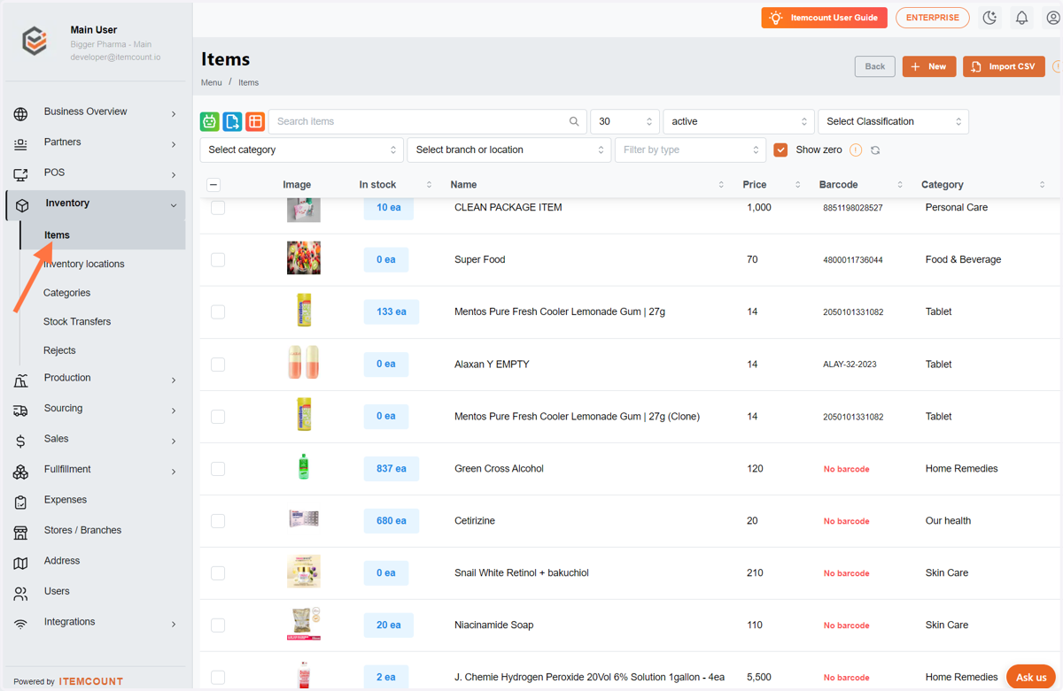 Click on Inventory items.