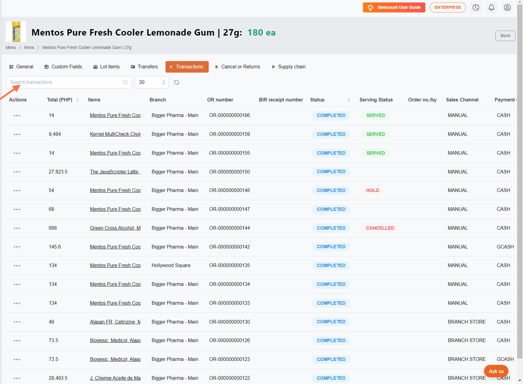 This includes all transactions involving this particular item; you can also search for specific items OR numbers.
