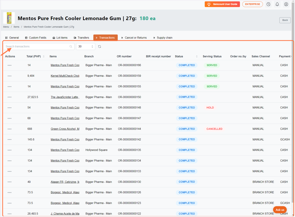 This includes all transactions involving this particular item; you can also search for specific items OR numbers.