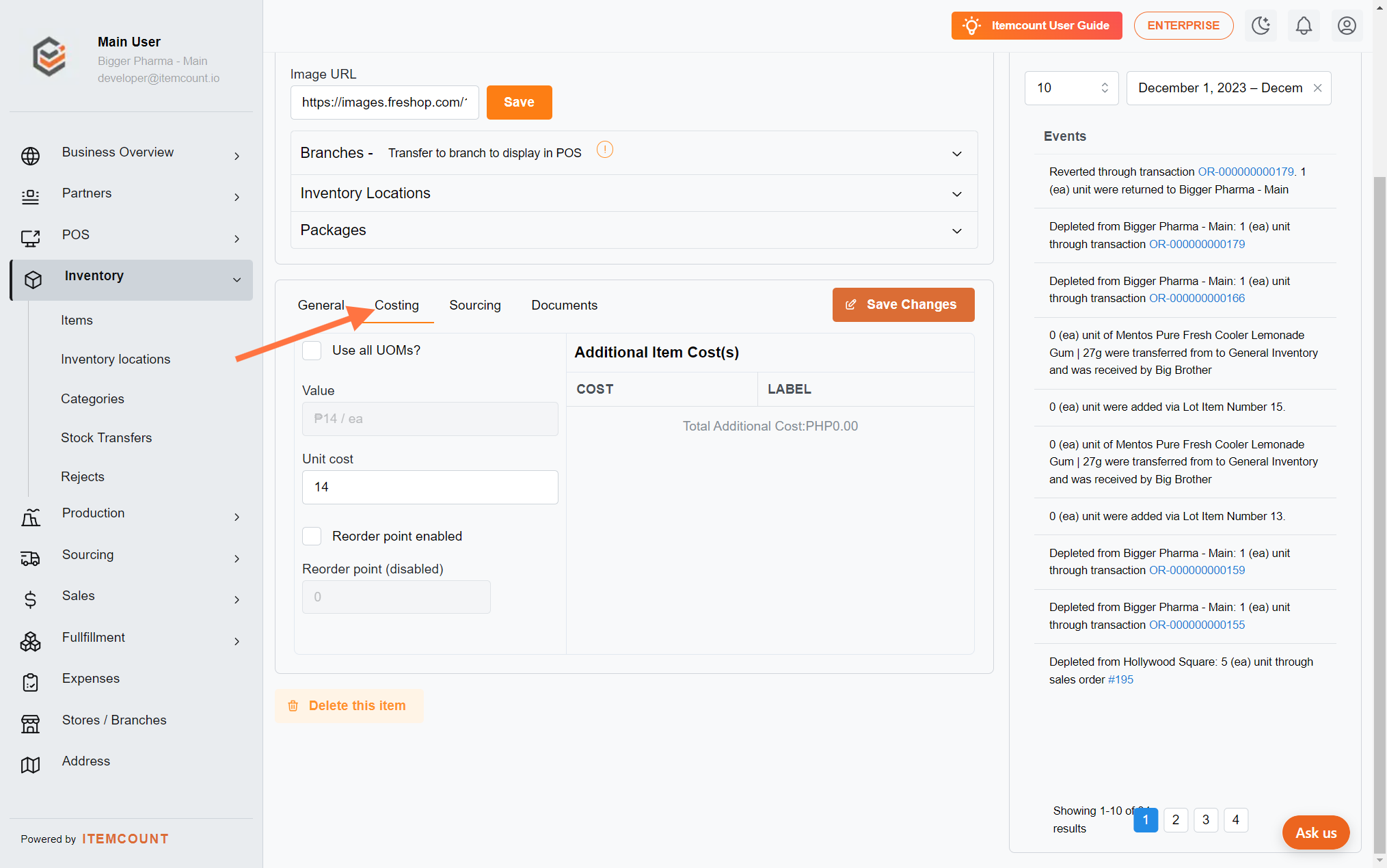 Here is the cost of the specific item. You can set the reorder point here, and we will notify you via email when the item stocks reach the reorder point.