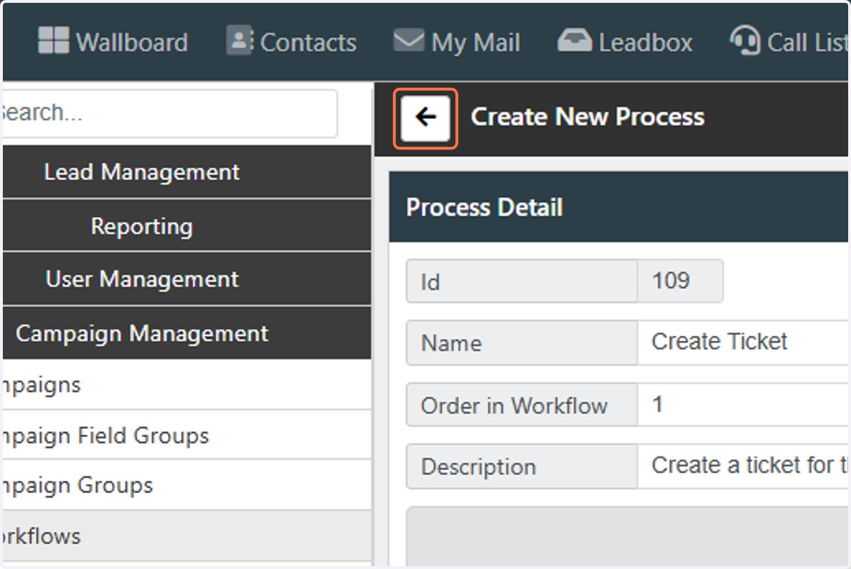 Click on the "Back" button to go back to the Workflow