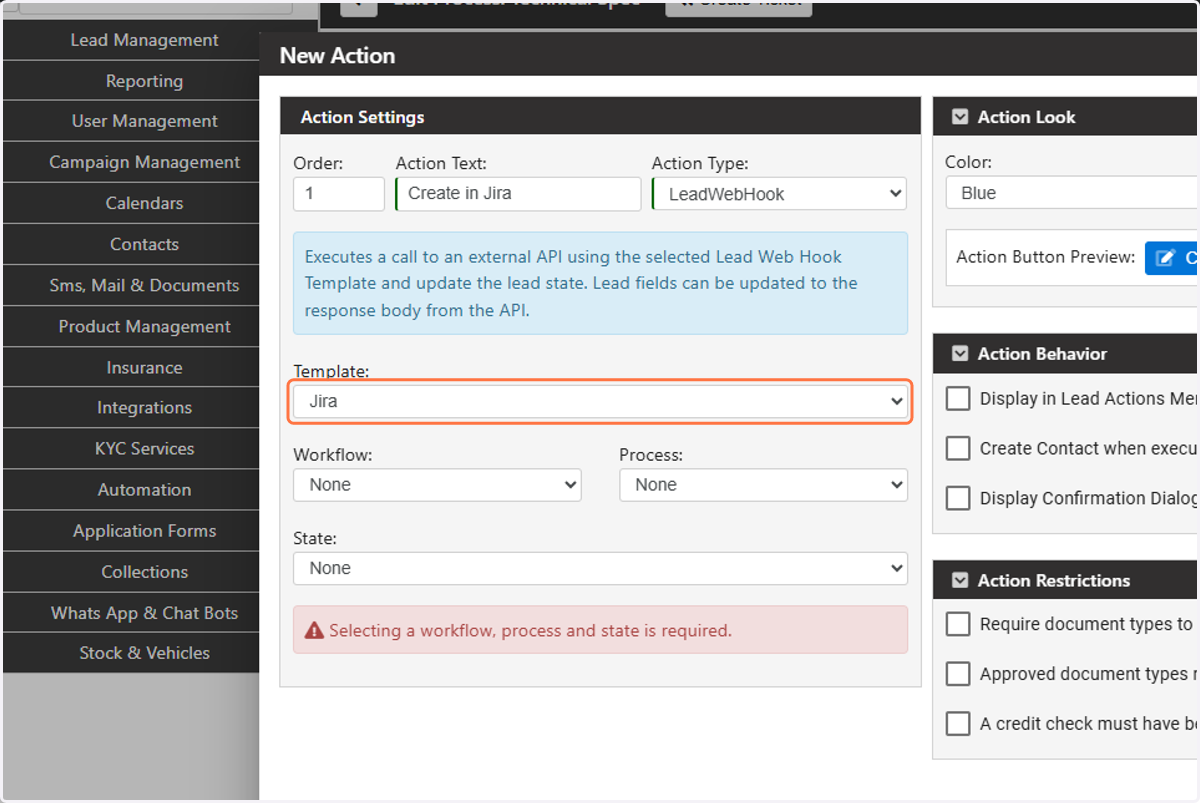 Select Jira from the "Template" dropdown