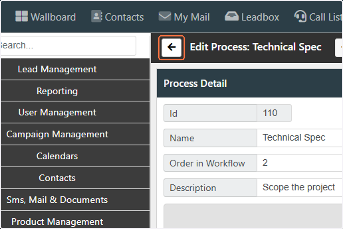 Click on the "Back" button to go back to the Workflow