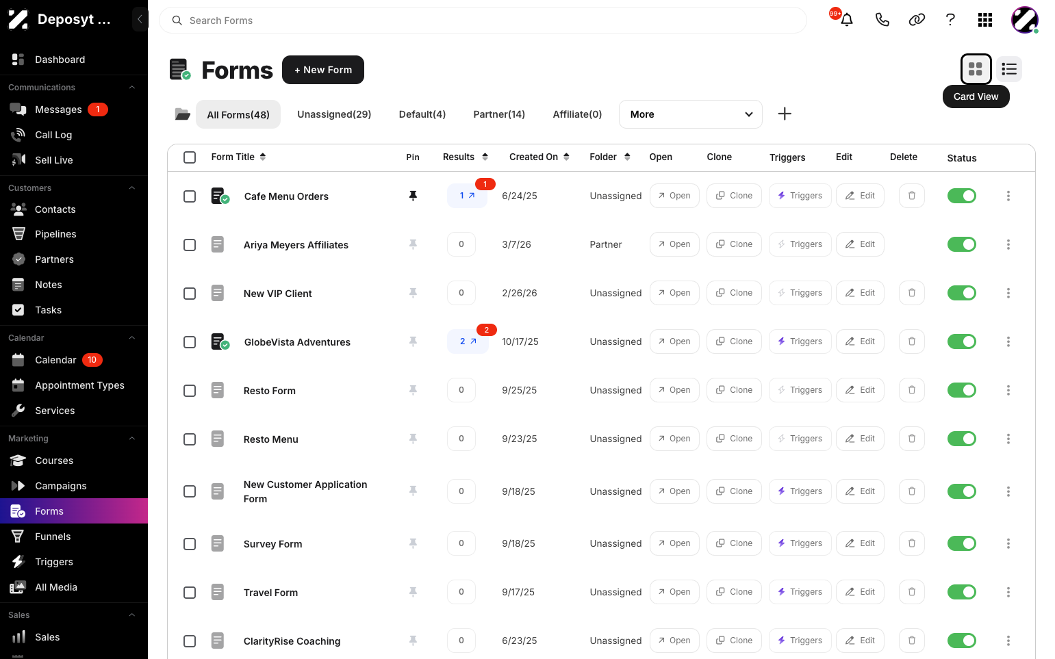 Step 2: You are then navigated to Forms. Click the Card View button to switch to card view.