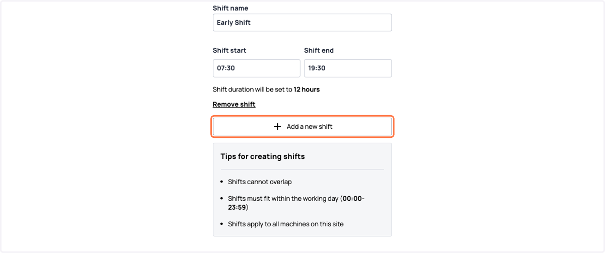 Once the first shift is created, you are then able to add another, and fill in the same required information. Once done you can press the complete button.