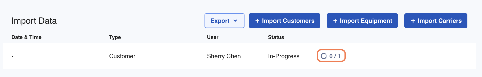 The Import Data page will show the upload progress.