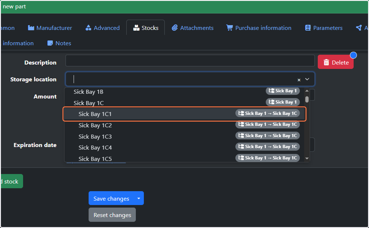 Select the location of the stock in "Storage Location"