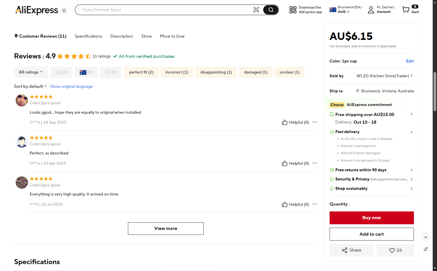Click on Specifications