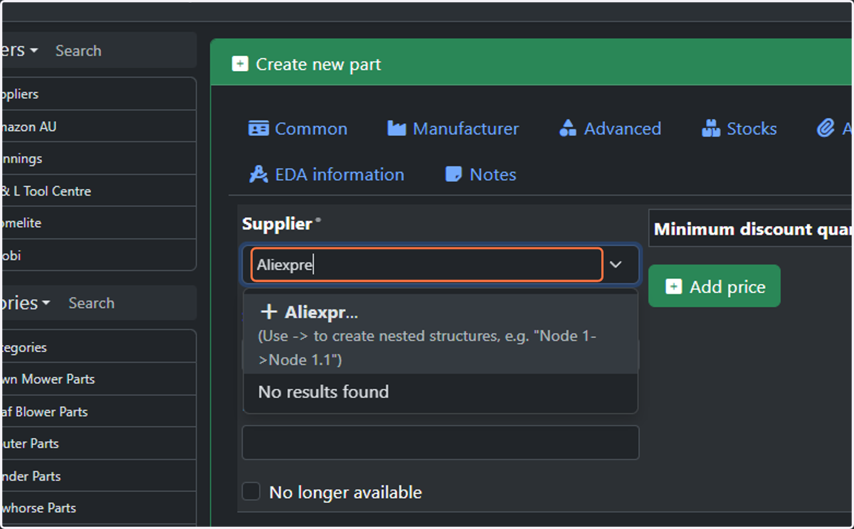 Select the relevant supplier. If the relevant one is not present, add it by typing directly in the field.