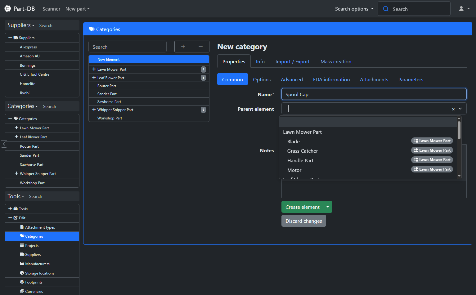 For Subcategories, select an appropriate parent element