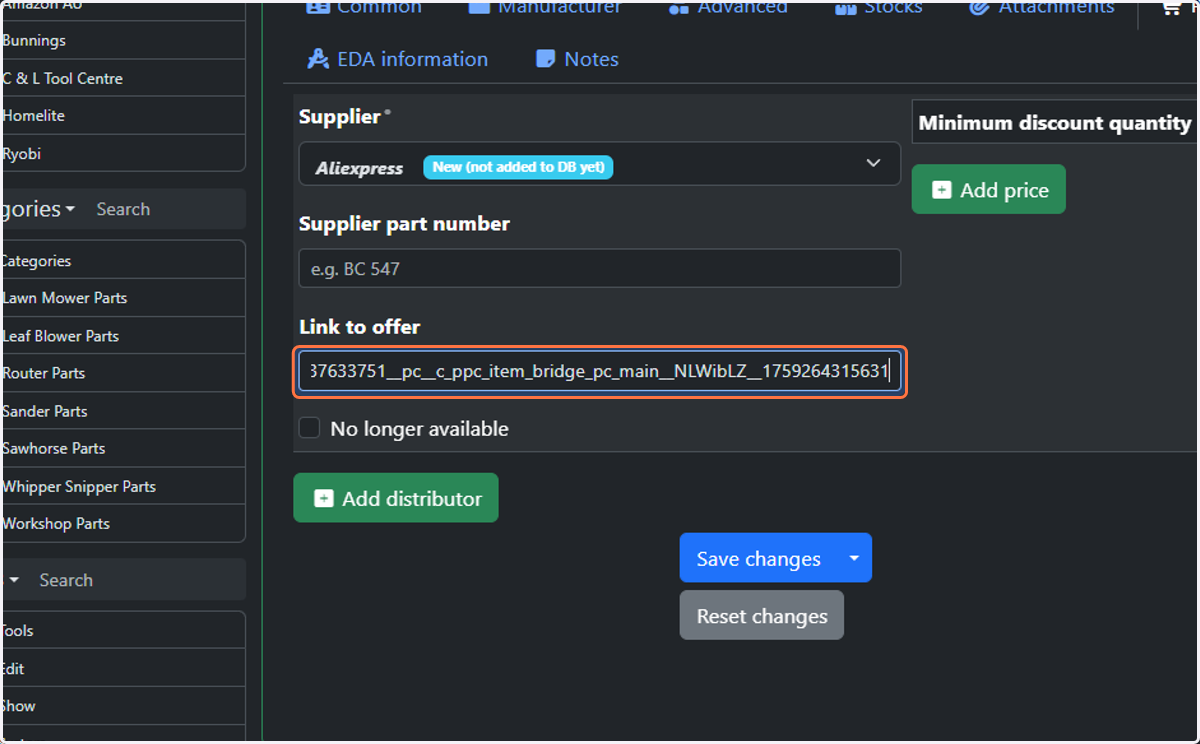 Paste in the supplier URL for the part